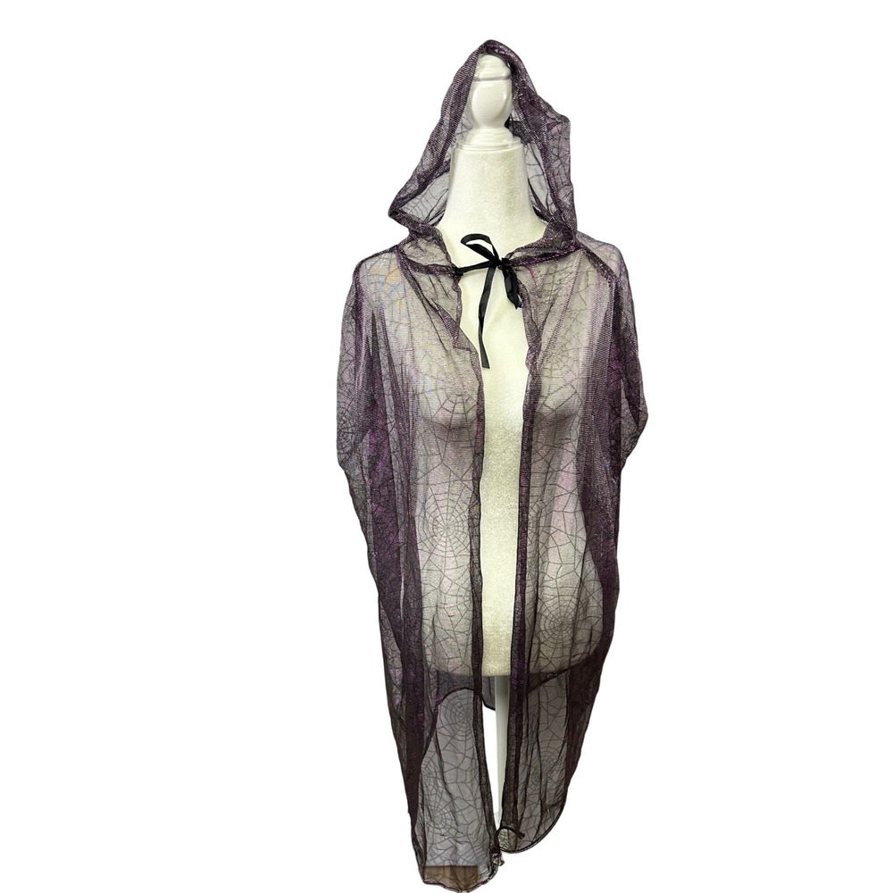 Witchy Gothic Spider Web Hooded Cape‎ OS Purple Black Metallic Mesh Halloween